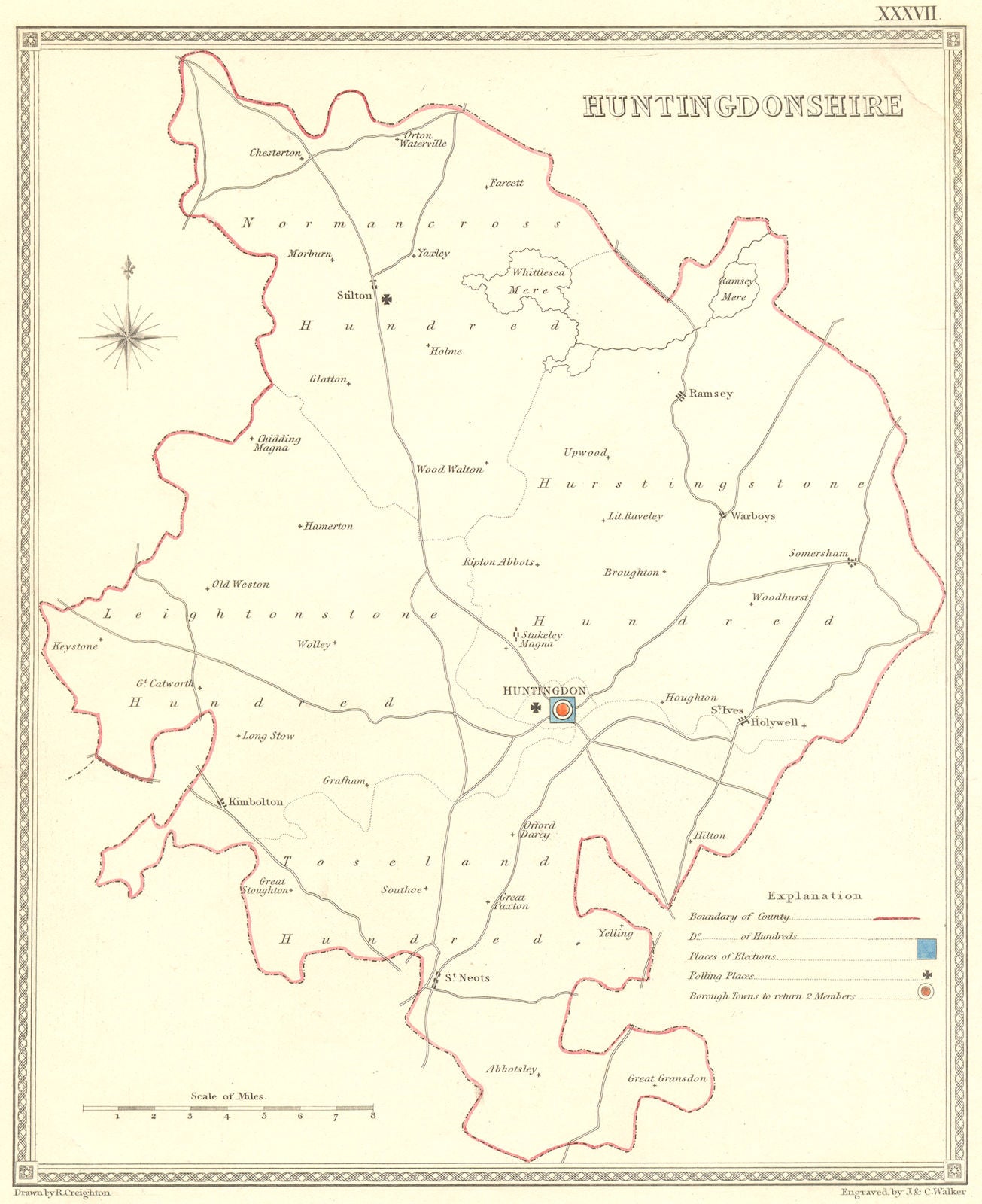 HUNTS. Huntingdonshire. Creighton Walker 1835 old antique map plan chart